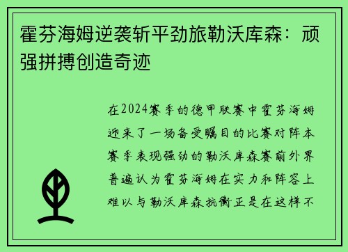 霍芬海姆逆袭斩平劲旅勒沃库森：顽强拼搏创造奇迹